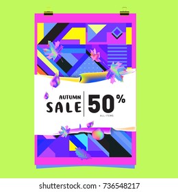 Autumn sale memphis style web banner. Fashion and travel discount poster. Vector holiday Abstract colorful illustration with special offer and promotion.