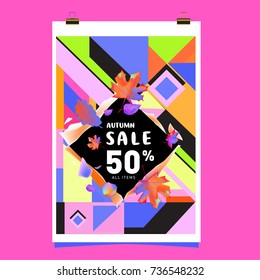 Autumn sale memphis style web banner. Fashion and travel discount poster. Vector holiday Abstract colorful illustration with special offer and promotion.
