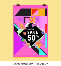 Autumn sale memphis style web banner. Fashion and travel discount poster. Vector holiday Abstract colorful illustration with special offer and promotion.