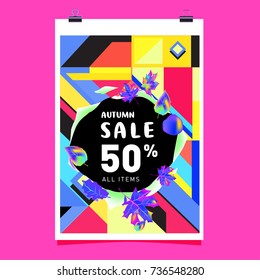 Autumn sale memphis style web banner. Fashion and travel discount poster. Vector holiday Abstract colorful illustration with special offer and promotion.