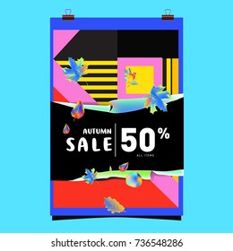 Autumn sale memphis style web banner. Fashion and travel discount poster. Vector holiday Abstract colorful illustration with special offer and promotion.