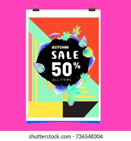 Autumn sale memphis style web banner. Fashion and travel discount poster. Vector holiday Abstract colorful illustration with special offer and promotion.