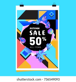 Autumn sale memphis style web banner. Fashion and travel discount poster. Vector holiday Abstract colorful illustration with special offer and promotion.