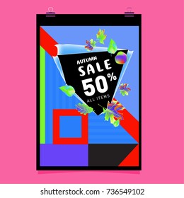 Autumn sale memphis style web banner. Fashion and travel discount poster. Vector holiday Abstract colorful illustration with special offer and promotion.