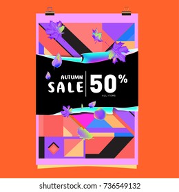 Autumn sale memphis style web banner. Fashion and travel discount poster. Vector holiday Abstract colorful illustration with special offer and promotion.