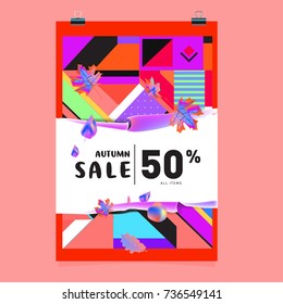 Autumn sale memphis style web banner. Fashion and travel discount poster. Vector holiday Abstract colorful illustration with special offer and promotion.