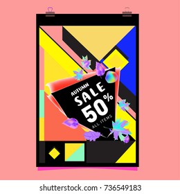 Autumn sale memphis style web banner. Fashion and travel discount poster. Vector holiday Abstract colorful illustration with special offer and promotion.