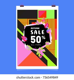 Autumn sale memphis style web banner. Fashion and travel discount poster. Vector holiday Abstract colorful illustration with special offer and promotion.