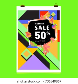 Autumn sale memphis style web banner. Fashion and travel discount poster. Vector holiday Abstract colorful illustration with special offer and promotion.