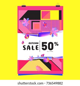 Autumn sale memphis style web banner. Fashion and travel discount poster. Vector holiday Abstract colorful illustration with special offer and promotion.