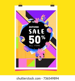 Autumn sale memphis style web banner. Fashion and travel discount poster. Vector holiday Abstract colorful illustration with special offer and promotion.