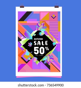 Autumn sale memphis style web banner. Fashion and travel discount poster. Vector holiday Abstract colorful illustration with special offer and promotion.