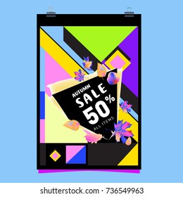 Autumn sale memphis style web banner. Fashion and travel discount poster. Vector holiday Abstract colorful illustration with special offer and promotion.
