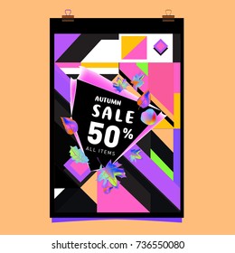 Autumn sale memphis style web banner. Fashion and travel discount poster. Vector holiday Abstract colorful illustration with special offer and promotion.