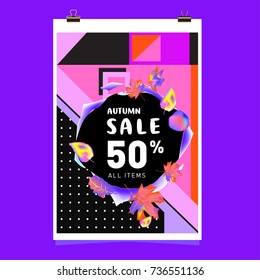 Autumn sale memphis style web banner. Fashion and travel discount poster. Vector holiday Abstract colorful illustration with special offer and promotion.