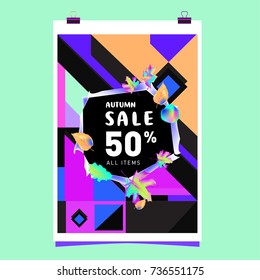 Autumn sale memphis style web banner. Fashion and travel discount poster. Vector holiday Abstract colorful illustration with special offer and promotion.