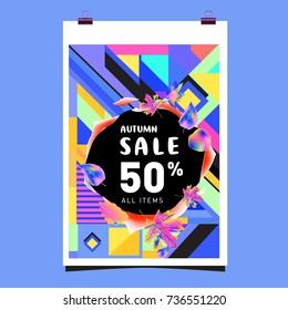 Autumn sale memphis style web banner. Fashion and travel discount poster. Vector holiday Abstract colorful illustration with special offer and promotion.