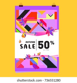 Autumn sale memphis style web banner. Fashion and travel discount poster. Vector holiday Abstract colorful illustration with special offer and promotion.