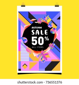 Autumn sale memphis style web banner. Fashion and travel discount poster. Vector holiday Abstract colorful illustration with special offer and promotion.