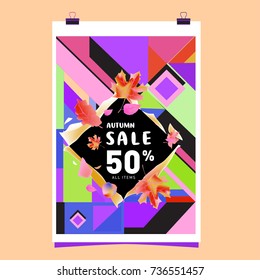 Autumn sale memphis style web banner. Fashion and travel discount poster. Vector holiday Abstract colorful illustration with special offer and promotion.