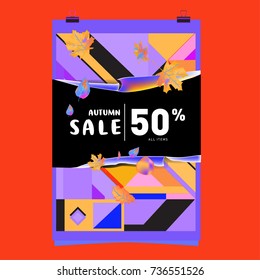 Autumn sale memphis style web banner. Fashion and travel discount poster. Vector holiday Abstract colorful illustration with special offer and promotion.