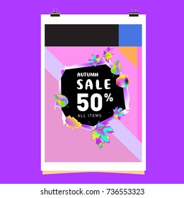 Autumn sale memphis style web banner. Fashion and travel discount poster. Vector holiday Abstract colorful illustration with special offer and promotion.