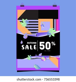 Autumn sale memphis style web banner. Fashion and travel discount poster. Vector holiday Abstract colorful illustration with special offer and promotion.