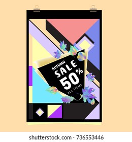 Autumn sale memphis style web banner. Fashion and travel discount poster. Vector holiday Abstract colorful illustration with special offer and promotion.