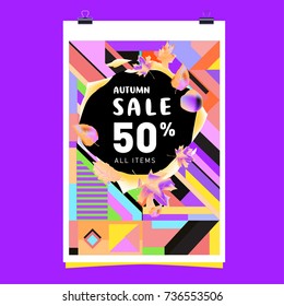 Autumn sale memphis style web banner. Fashion and travel discount poster. Vector holiday Abstract colorful illustration with special offer and promotion.