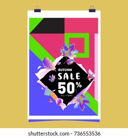 Autumn sale memphis style web banner. Fashion and travel discount poster. Vector holiday Abstract colorful illustration with special offer and promotion.