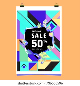 Autumn sale memphis style web banner. Fashion and travel discount poster. Vector holiday Abstract colorful illustration with special offer and promotion.