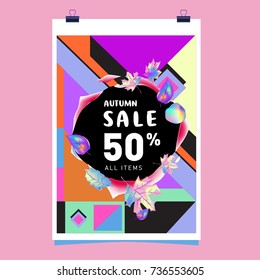 Autumn sale memphis style web banner. Fashion and travel discount poster. Vector holiday Abstract colorful illustration with special offer and promotion.