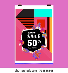 Autumn sale memphis style web banner. Fashion and travel discount poster. Vector holiday Abstract colorful illustration with special offer and promotion.