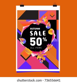 Autumn sale memphis style web banner. Fashion and travel discount poster. Vector holiday Abstract colorful illustration with special offer and promotion.