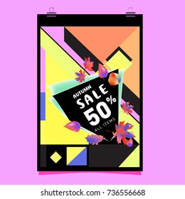 Autumn sale memphis style web banner. Fashion and travel discount poster. Vector holiday Abstract colorful illustration with special offer and promotion.