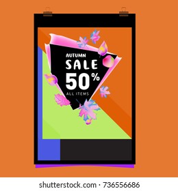 Autumn sale memphis style web banner. Fashion and travel discount poster. Vector holiday Abstract colorful illustration with special offer and promotion.