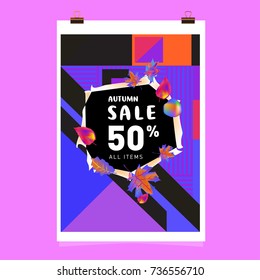 Autumn sale memphis style web banner. Fashion and travel discount poster. Vector holiday Abstract colorful illustration with special offer and promotion.