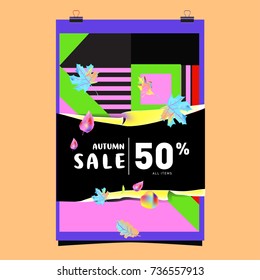 Autumn sale memphis style web banner. Fashion and travel discount poster. Vector holiday Abstract colorful illustration with special offer and promotion.