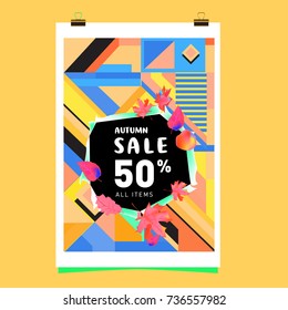 Autumn sale memphis style web banner. Fashion and travel discount poster. Vector holiday Abstract colorful illustration with special offer and promotion.