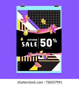 Autumn sale memphis style web banner. Fashion and travel discount poster. Vector holiday Abstract colorful illustration with special offer and promotion.