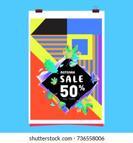Autumn sale memphis style web banner. Fashion and travel discount poster. Vector holiday Abstract colorful illustration with special offer and promotion.