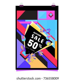 Autumn sale memphis style web banner. Fashion and travel discount poster. Vector holiday Abstract colorful illustration with special offer and promotion.