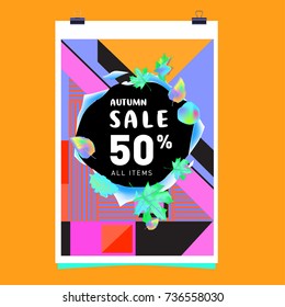 Autumn sale memphis style web banner. Fashion and travel discount poster. Vector holiday Abstract colorful illustration with special offer and promotion.