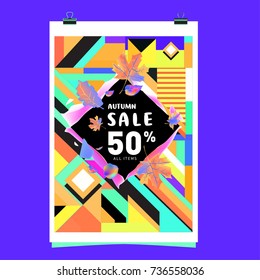 Autumn sale memphis style web banner. Fashion and travel discount poster. Vector holiday Abstract colorful illustration with special offer and promotion.