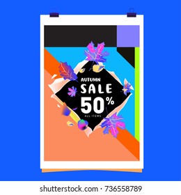 Autumn sale memphis style web banner. Fashion and travel discount poster. Vector holiday Abstract colorful illustration with special offer and promotion.
