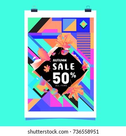 Autumn sale memphis style web banner. Fashion and travel discount poster. Vector holiday Abstract colorful illustration with special offer and promotion.