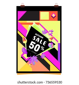 Autumn sale memphis style web banner. Fashion and travel discount poster. Vector holiday Abstract colorful illustration with special offer and promotion.