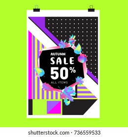 Autumn sale memphis style web banner. Fashion and travel discount poster. Vector holiday Abstract colorful illustration with special offer and promotion.