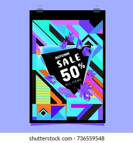 Autumn sale memphis style web banner. Fashion and travel discount poster. Vector holiday Abstract colorful illustration with special offer and promotion.