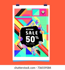 Autumn sale memphis style web banner. Fashion and travel discount poster. Vector holiday Abstract colorful illustration with special offer and promotion.